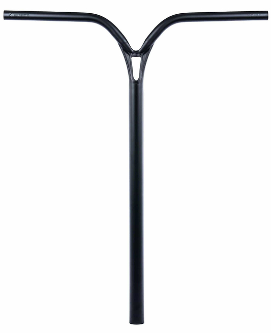 The Ethic DTC Deildegast V2 Steel Oversized HIC Stunt Scooter Bars in black (670mm x 600mm) feature a Y-shaped design with a support gusset, made from strong 4130 Chromoly Steel and shown on a white background.