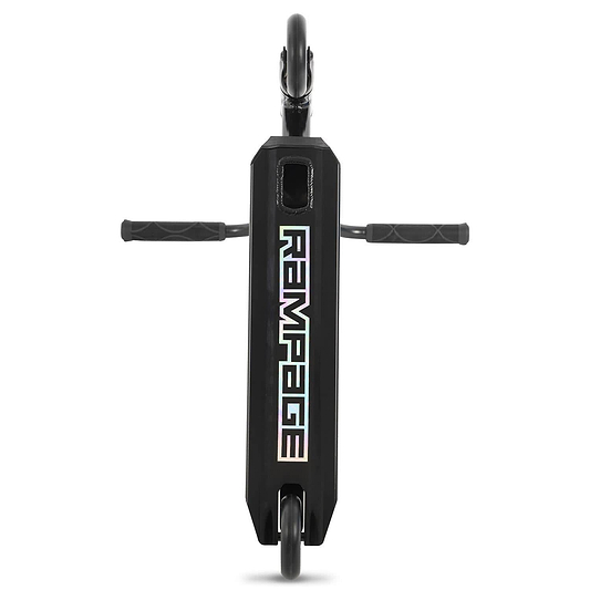 The Rampage R100 Complete Stunt Scooter by Rampage is shown from above in black, with a rectangular deck displaying large holographic "RAMPAGE" lettering, plus visible handlebars and both wheels.