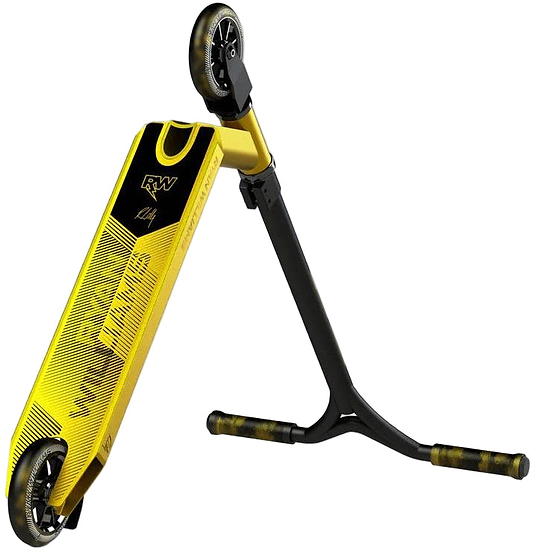 The Nitro Circus Ryan Williams Junior Replica 2025 Complete Stunt Scooter in gold and black is shown against a light background, featuring one wheel on the deck and one on the front handlebar support for a unique design.