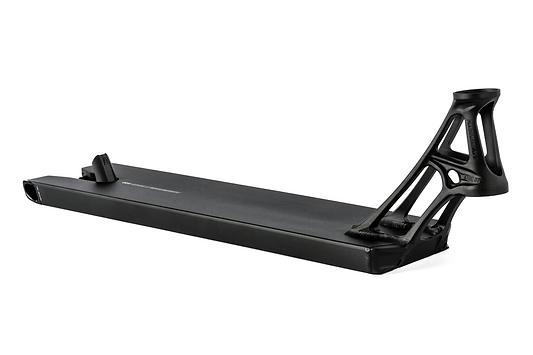 The Ethic DTC Pandemonium V2 Boxed Black Stunt Scooter Deck, measuring 5.5" x 22.8", showcases a streamlined shape and sturdy build. It features a reinforced neck with open triangular patterns for improved structural support, emphasizing durability and performance for scooter riding.