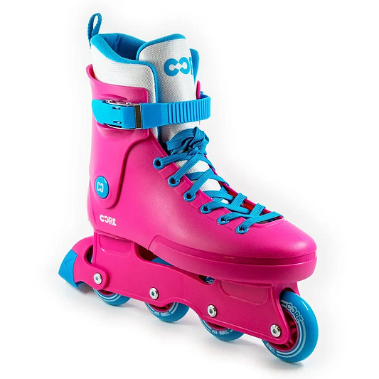 The CORE Retro Adjustable Inline Skates in pink and blue by CORE feature a high-top design, ABEC-9 bearings, and a riveted frame for smooth rides on four wheels.
