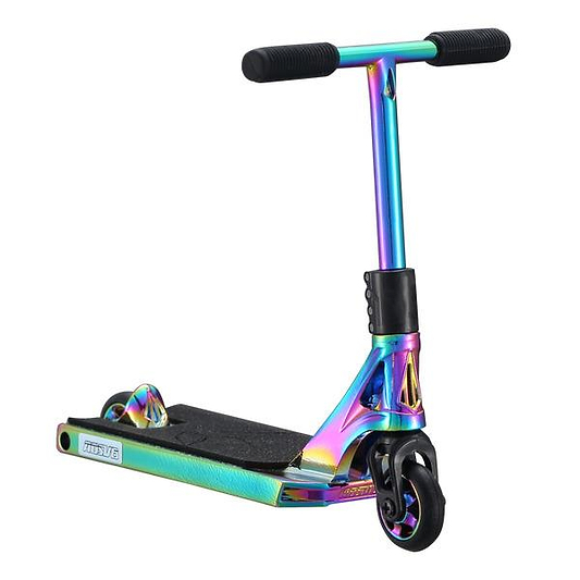 The Blunt Envy AOS V6 Finger Scooter in Oil Slick Neochrome features a metallic rainbow finish with black handlebars and wheels, shown upright on a white background.