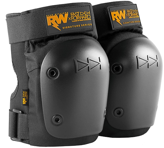 The GAIN Protection RW x Fast Forward Ryan Williams Signature Skate Knee Pads feature hard plastic shells, adjustable straps, and orange "RW Fast Forward Signature Series" labels—ideal black pads for action sports enthusiasts.