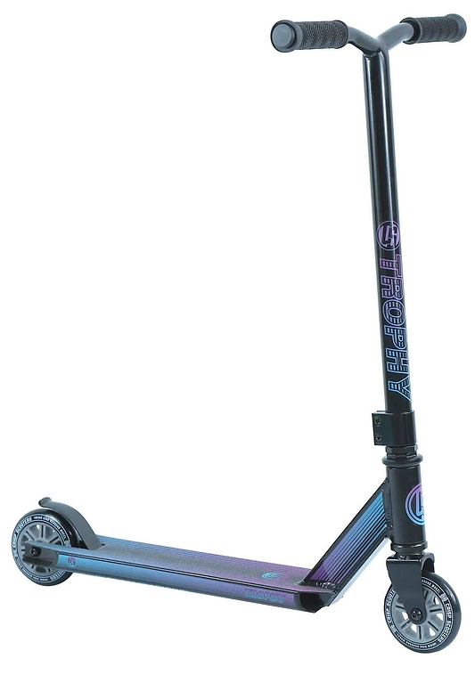 The Crisp Trophy Complete Stunt Scooter – Black / Moonlight is ideal for beginners, featuring a high-tensile steel black handlebar, an iridescent blue-to-purple gradient deck, modern-design black wheels, and branded decals on the neck and deck.