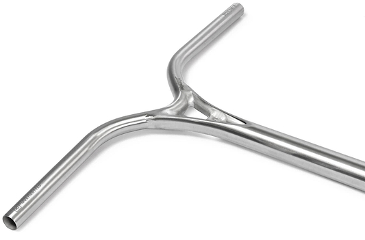 The Ethic DTC Wolpertinger Aluminium IHC Stunt Scooter Bars in raw silver (720mm x 580mm) feature a sleek Y-shape, smooth curves, and reinforced joints for durability.