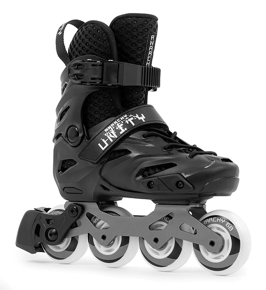 The Anarchy Unity Adjustable Inline Skates - Black feature a sturdy boot, bright white wheels, and a durable aluminum frame. With four-size adjustability, they're ideal for growing skaters or those desiring versatile comfort.