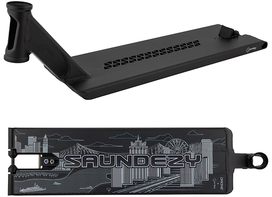 The Drone Nexus 'Saundezy' Black Signature Stunt Scooter Deck, 6.5" x 22"/23", features a gripped top and a cityscape design with "SAUNDEZY," displaying buildings, a Ferris wheel, and mountains on the bottom. It includes grindable spacers for smooth tricks.