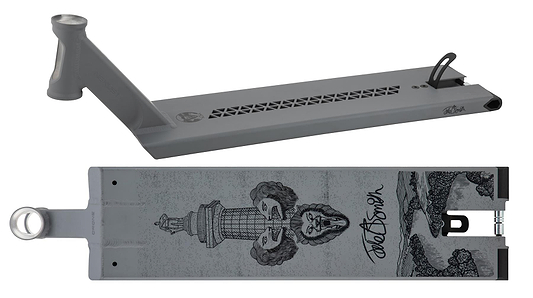 Image of the Drone Nexus 'Jake B Smith' Grey Signature Stunt Scooter Deck, featuring a detailed black design with columns, lion heads, and patterns. This 6.5" x 22" model has cutouts for weight reduction and a gripped surface, with the brand name in stylized text.