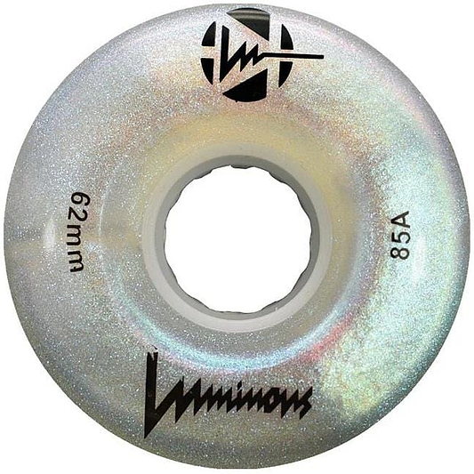 The Luminous LED 97A Quad Roller Skate Wheel in White Pearl by Luminous is a glittery, translucent 62mm wheel featuring “Luminous” branding and an iridescent finish, with a central mounting hole.