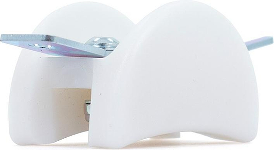 The Chicks In Bowls Roller Skate Slide Blocks – White, by Chicks In Bowls, are white plastic blocks with two curved sides and a top metal bracket, ideal for roller skate slide tricks or use on sliding doors.