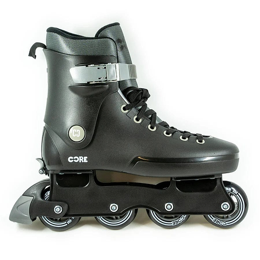 The CORE Retro Adjustable Inline Skates in black feature a modern, sleek design with four wheels, a silver buckle, and laces. Adorned with the CORE circular logo, these skates provide high performance thanks to their ABEC-9 bearings and are presented against a white background.