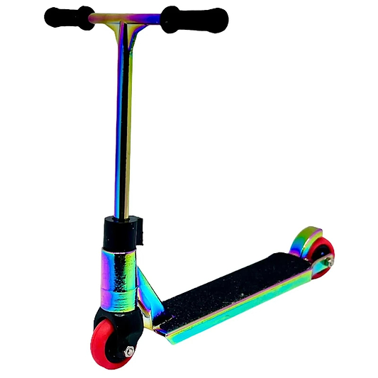 The Fingers Whips Finger Toy Scooter - Neochrome by Finger Whips is displayed against a plain white background with its vibrant metallic rainbow finish. It features red wheels and black handlebars, along with a die-cast deck perfect for executing finger tricks with precision and style.