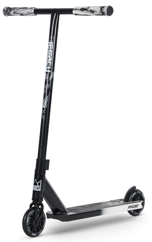 The Legacy Fade Complete Stunt Scooter by Legacy features a black and grey design with white graphics, wide patterned grips, small black wheels, and a flat "FAZE"-labeled deck—ideal for beginners at the skatepark. Photographed on a white background.