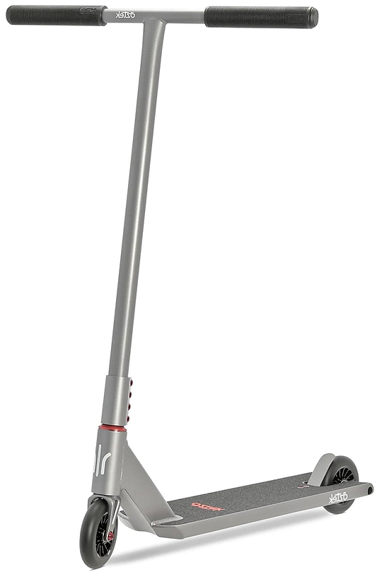 The Aztek Architect 2 Complete Stunt Scooter - Space Grey features black handlebars and wheels, a slim deck, and minimalist design, shown standing upright on a white background.