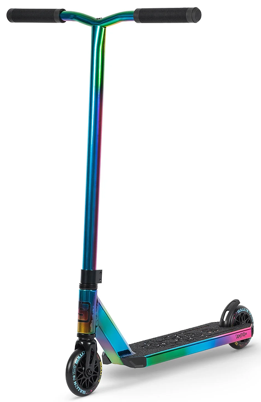 The Sullivan Antic V2 Complete Stunt Scooter by Sullivan features an oil slick neochrome frame, black handlebars, grips, and wheels, plus a textured black foot deck—a vibrant choice for kids who want to stand out at the skatepark or on the go.