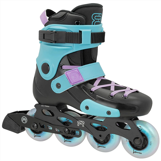 Check out the FR Skates Junior Adjustable Inline Skates - Luminous Black Pearl: a sleek black and turquoise design with four wheels, lavender laces, and a supportive ankle strap. Perfect for freeriders, it features X-Series frames and matching turquoise wheels with black accents.