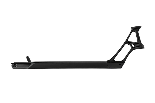 The Ethic DTC Pandemonium V2 Black Stunt Scooter Deck - 5.1" x 21.3" features a sophisticated black design with an elongated and minimalist aesthetic. Its ultra-lightweight construction includes neck cutout patterns and a flat base, making it ideal for stunt or freestyle scooters.
