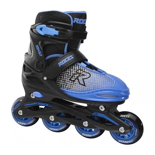 The Roces Jokey X Adjustable Inline Skates – Black / Astro Blue by Roces feature a four-wheel design, hard plastic frame, adjustable straps, breathable mesh details, and are ideal adjustable inline skates for growing kids.