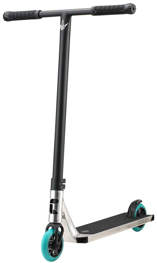 The Blunt Envy Colt S6 Complete Stunt Scooter - Polished is showcased on a white background, featuring a sleek black body with teal wheels and a silver deck. It includes chromoly Tension bars with textured grips, offering a robust design perfect for smooth riding.