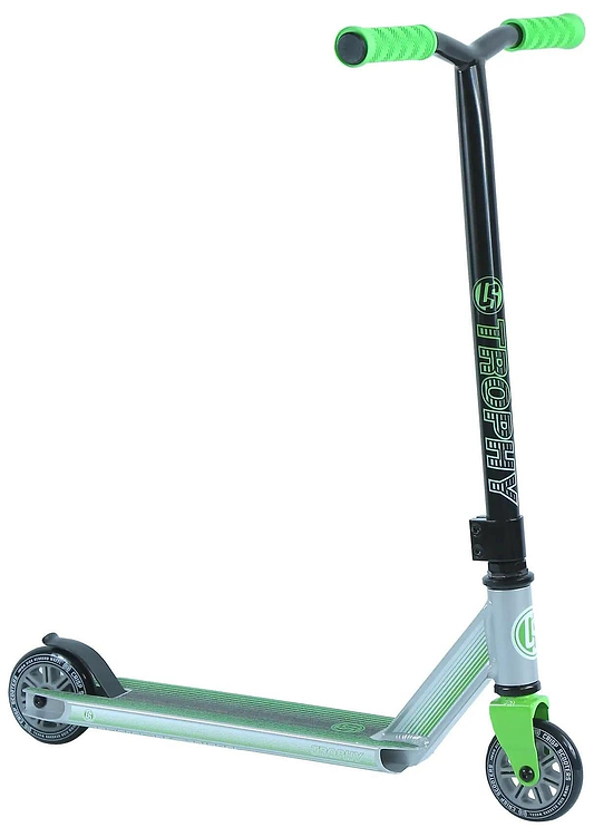 The Crisp Trophy Complete Stunt Scooter in Natural Green by Crisp features a reinforced handlebar and T-shaped grips, perfect for beginners. Its durable design includes a metallic deck with green accents and sleek black wheels for smooth stunts.