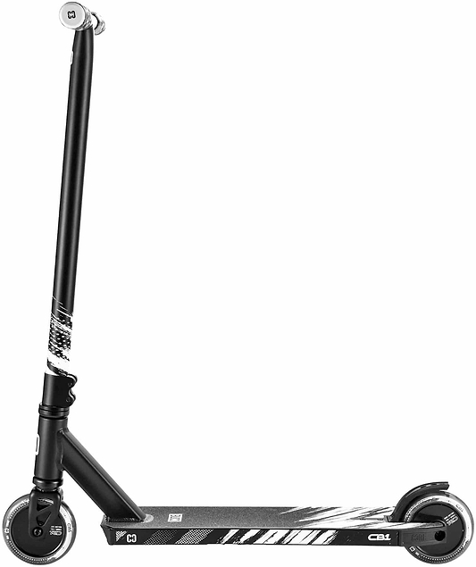 The CORE CB1 Beginner Complete Stunt Scooter - Black by CORE is shown side-on against a white background, featuring a sleek black and white design with small wheels, a textured deck, and deck and handlebar graphics.