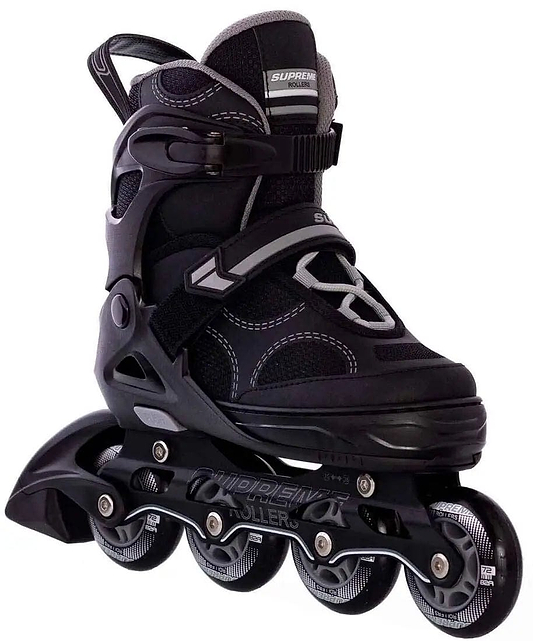 The Supreme Venice Adjustable Kids Inline Skates - Black/Grey by Supreme feature four wheels, sturdy ankle support, adjustable sizing, multiple straps, and detailed stitching—perfect for beginners interested in recreational or fitness skating.
