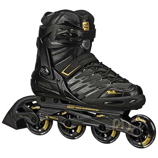 The Roller Derby Aerio V2 Q-60 Mens Inline Skates in black/gold feature 80mm Elite speed wheels, a high ankle boot, adjustable straps, sporty mesh material, and detailed branding on both the boot and wheels.