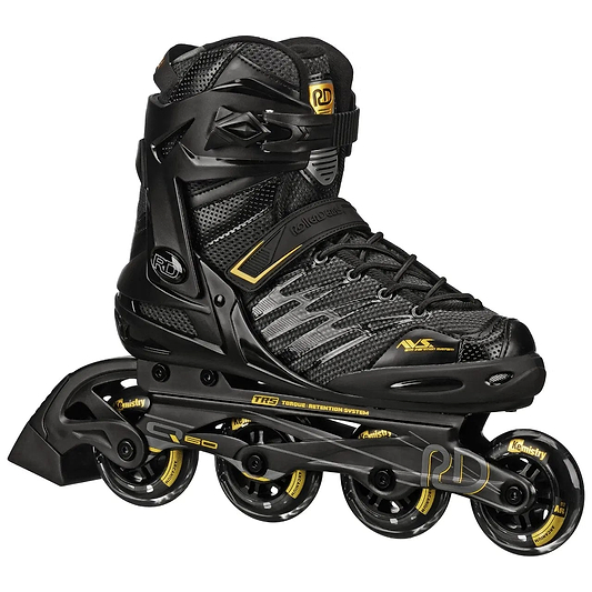 The Roller Derby Aerio V2 Q-60 Mens Inline Skates in black/gold feature 80mm Elite speed wheels, a high ankle boot, adjustable straps, sporty mesh material, and detailed branding on both the boot and wheels.