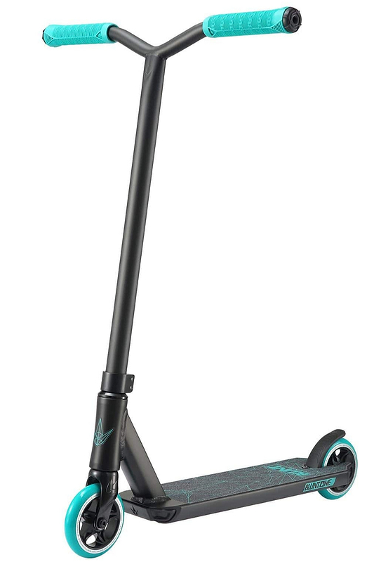 The Blunt Envy ONE S3 Complete Stunt Scooter in teal showcases a sleek black frame complemented by turquoise handlebars and wheels. It features an aluminium deck enhanced with subtle graphics, offering a minimalist design and streamlined appearance that makes it perfect for riding and executing tricks like a pro.