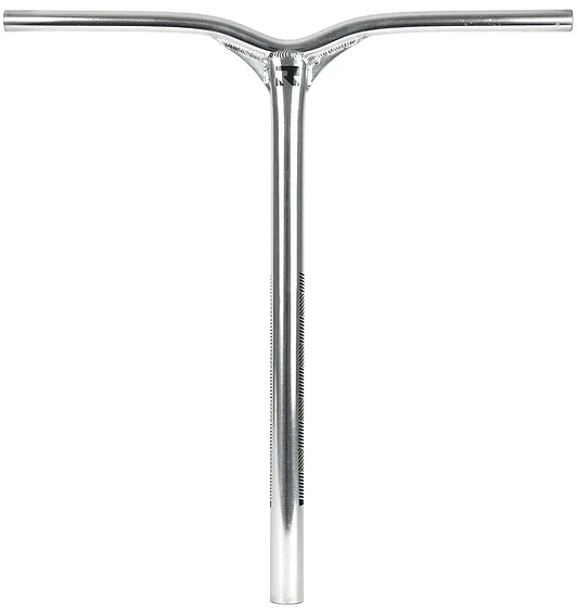 The Root Industries Invictus HMA IHC Stunt Scooter Bars in Mirror Chrome (610mm x 580mm) feature a Y-shaped design with a vertical stem and two horizontal grips, perfect for riders seeking lightweight, stylish scooter handlebars.