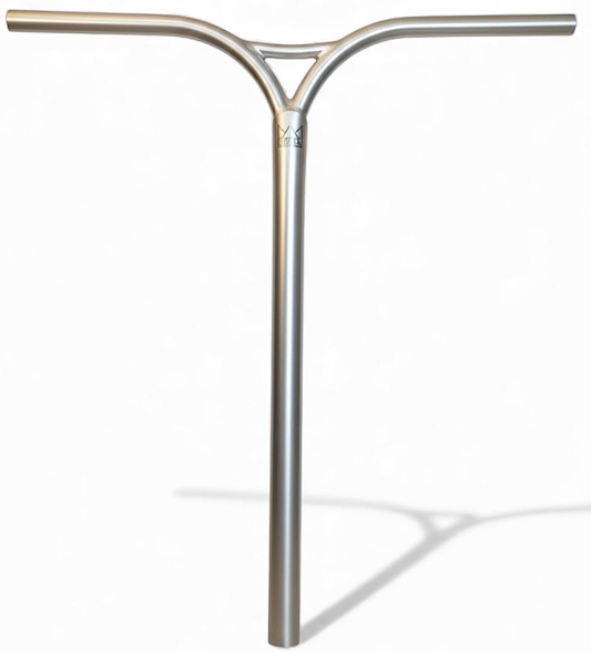 The Legacy Cut-Out Titanium Oversized HIC Stunt Scooter Y-Bars (Chrome, 660mm x 600mm) feature a lightweight Y-shaped design with wide, straight grips and a central stem—perfect for park riders. Shown on a plain white background.