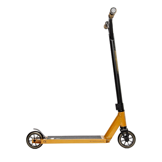 The Nitro Circus Ryan Williams Signature Replica 2025 Complete Stunt Scooter in gold and black features a straight handlebar, small wheels, and a textured foot deck, shown against a white background.