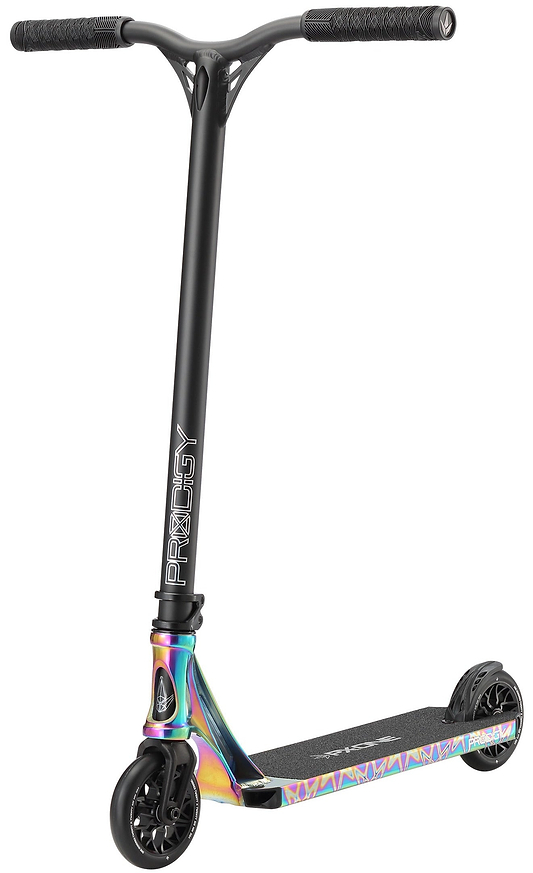 The Blunt Envy Prodigy X ONE Complete Stunt Scooter in Oil Slick Neochrome features black handlebars and wheels, a neochrome Extech extrusion deck base, and "PRODIGY" branding on the front stem.