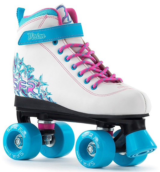 The SFR Vision II Quad Roller Skates by SFR feature a white boot with blue polyurethane wheels, pink laces, blue accents and side graphics, Velcro ankle strap, and "Vision" label for style and support.