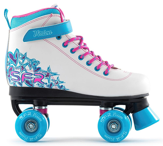 The SFR Vision II Quad Roller Skates by SFR feature a white boot with pink laces, blue PU wheels, a blue toe stopper, blue accents, and pink/blue graphics with "SFR Vision" on the side.