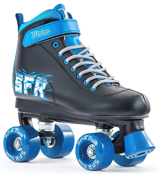 The SFR Vision II Quad Roller Skates - Blue by SFR feature a black and blue design with gray laces, blue polyurethane injected wheels, a "Vision" strap, and a white and blue side pattern with "SFR" lettering.