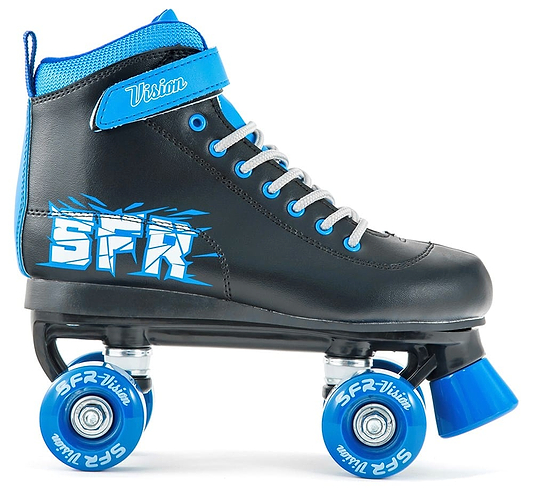 The SFR Vision II Quad Roller Skates - Blue feature a black and blue design, blue polyurethane wheels and laces, the SFR brand on the side, high ankle support, and silver eyelets for secure lacing.
