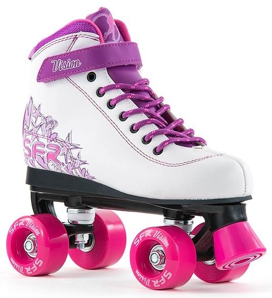 The SFR Vision II Quad Roller Skates - Purple feature a white and pink design with purple laces, pink PU wheels, star side graphics, and a "Vision" Velcro strap for high ankle support—perfect for stylish, secure rides.