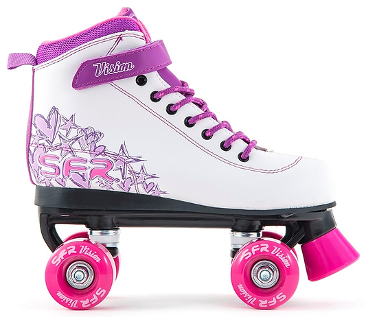 The SFR Vision II Quad Roller Skates – Purple feature white and pink colors, a purple strap, floral star designs, pink PU wheels for durability, ankle support, and "SFR" branding on the side.