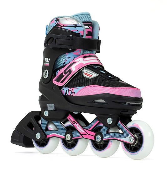 The SFR Pixel Adjustable Inline Skates - Blue / Pink feature a vibrant design with black, pink, and blue highlights. Perfect for beginner skaters, they provide high ankle support and adjustable straps to ensure a secure fit. With their four-wheel setup, these skates are ideal for anyone looking to roll in style.