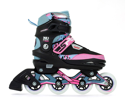 Introducing the SFR Pixel Adjustable Inline Skates - Blue / Pink, ideal for beginner skaters. These vibrant skates feature a blue boot with pink and black accents in a sleek, patterned design. The white wheels have pink highlights on an enchanting pink frame, and the built-in buckle along with an adjustable sizing mechanism ensures they can grow with you.