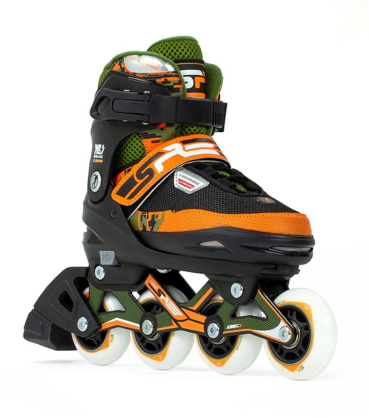 The SFR Pixel Adjustable Inline Skates - Green / Orange are ideal for beginner skaters, showcasing a vibrant black, orange, and green design with four wheels and an adjustable strap on a crisp white background.
