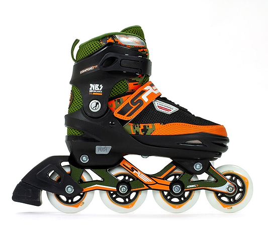 The SFR Pixel Adjustable Inline Skates - Green / Orange by SFR showcases a striking black, green, and orange color scheme with camo patterns and vibrant textures. Designed for beginner skaters, these skates include four wheels, high ankle support, and an adjustable size closure system for standout style on the streets.
