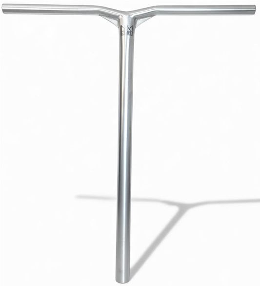 The Legacy Gusset Titanium Oversized HIC Stunt Scooter Y-Bars in Chrome (660mm x 600mm) stand upright against a plain white background, their silver finish casting a faint shadow to the right.