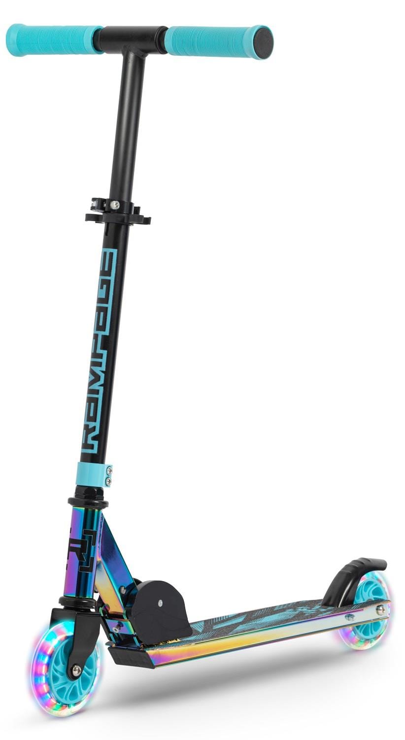 The Rampage Light Up Foldable Kick Scooter in Neochrome/Blue features a metallic rainbow frame, blue handlebar grips, two wheels with front multicolored LED lights, "RAMPRAGE" branding on the stem, and adjustable handlebars for kids.
