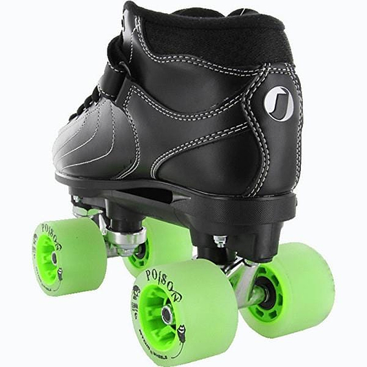 The Jackson Vibe JR100 Roller Derby Quad Skate Boot & Truck Only in black by Jackson is shown from the rear, featuring white stitching and bright green wheels on a white background.