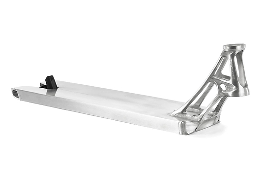 The Ethic DTC Pandemonium V2 Boxed Raw Stunt Scooter Deck (5.5" x 21.3") by Ethic is a lightweight silver 6061-T6 aluminium deck with an angular open-frame neck, rear brake, smooth surface, and front wheel cutout.