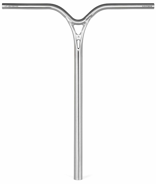 The Ethic DTC Wolpertinger Aluminium IHC Stunt Scooter Bars in Raw Silver (670mm x 560mm) feature a Y-shaped minimalist design with a smooth finish and central triangular cutout, perfect for stunt riders wanting the classic Ethic look.