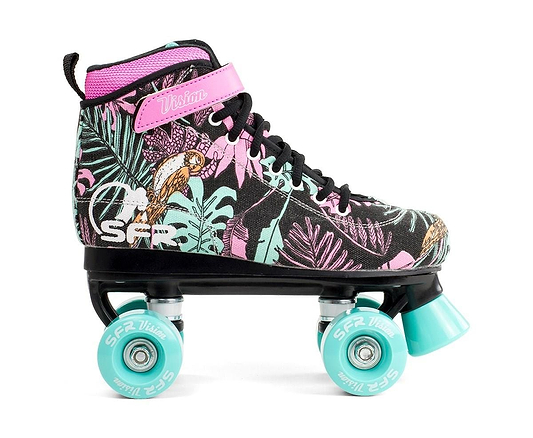 The SFR Vision Canvas Quad Roller Skates in Black / Floral feature a tropical leaf and parrot pattern, pink laces and strap for ankle support, light blue polyurethane wheels, and are viewed from the side.