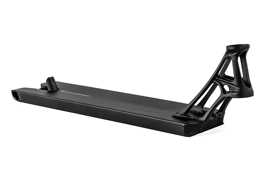 The Ethic DTC Pandemonium V2 Boxed Black Stunt Scooter Deck (5.5" x 19.7") features a lightweight cutout headtube and flat rectangular base—ideal for riders wanting Ethic's lightest, street-focused performance deck against a white background.